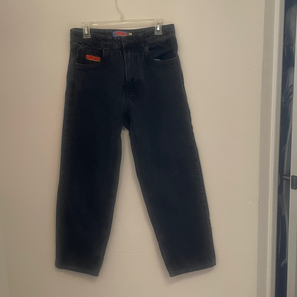 Empyre Dark Jeans with Vibrant Red Accents